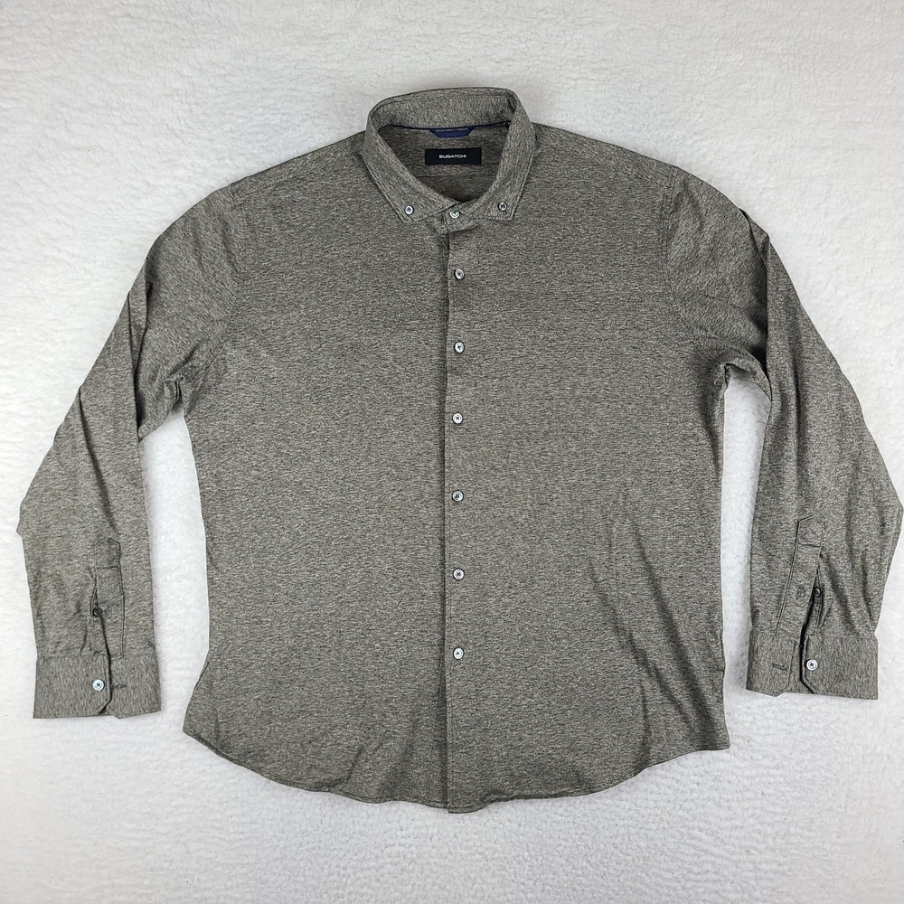 BUGATCHI Dress Shirt Mens 2XL XXL Tan Brown Mercerized Cotton Stretch Button Up